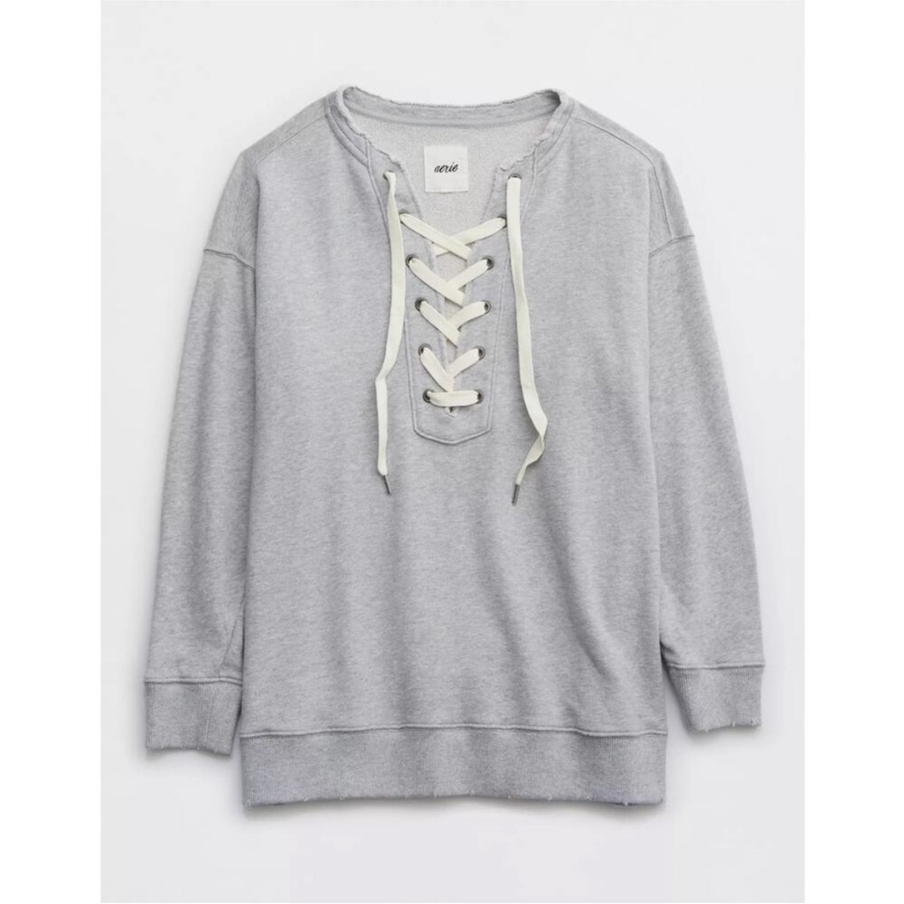 Aerie Heather Gray Oversized Lace-Up Hoodie Size Small - Picture 2 of 5